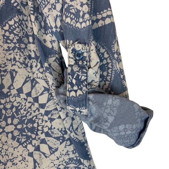 Zac & Rachel Womens Blue Patterned Tunic Long Roll-Tab Sleeves Size Large Flowy - Picture 3 of 6